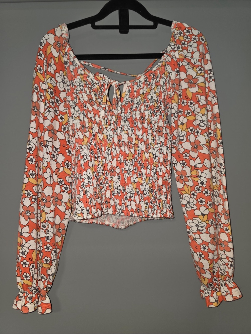 Coral Floral Smocked Long-Sleeve Blouse
